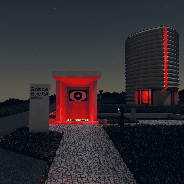 Rendering des Space Eye bei Nacht im Dark Sky Gebiet Gantrisch, rotes Licht | © Velvet Creative Office