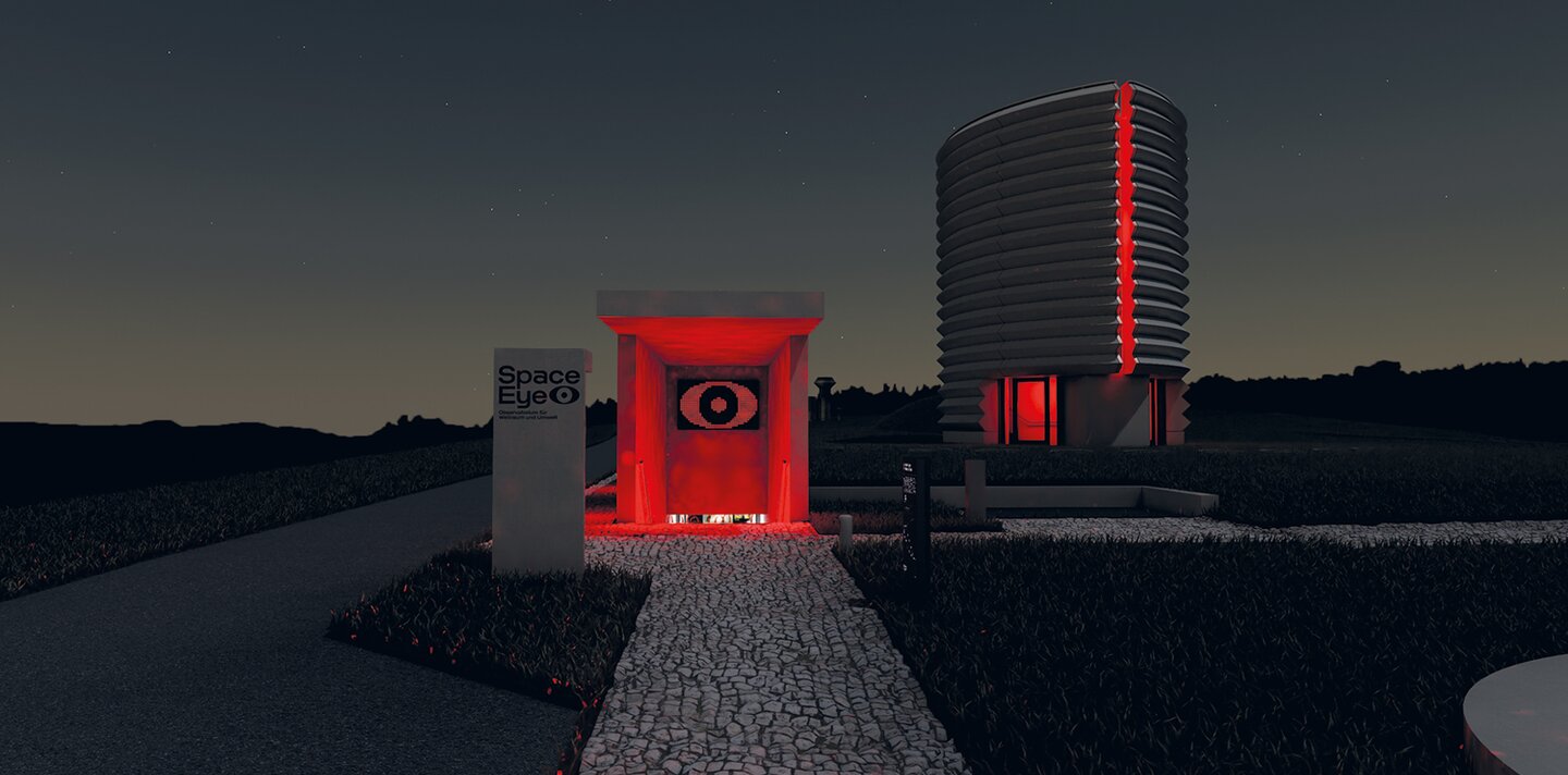 Rendering des Space Eye bei Nacht im Dark Sky Gebiet Gantrisch, rotes Licht | © Velvet Creative Office